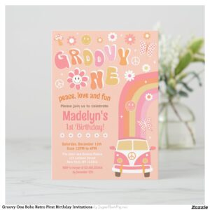 Groovy One Boho Retro First Birthday Invitations