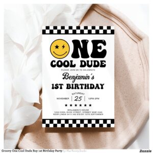 Groovy One Cool Dude Boy 1st Birthday Party Invitation