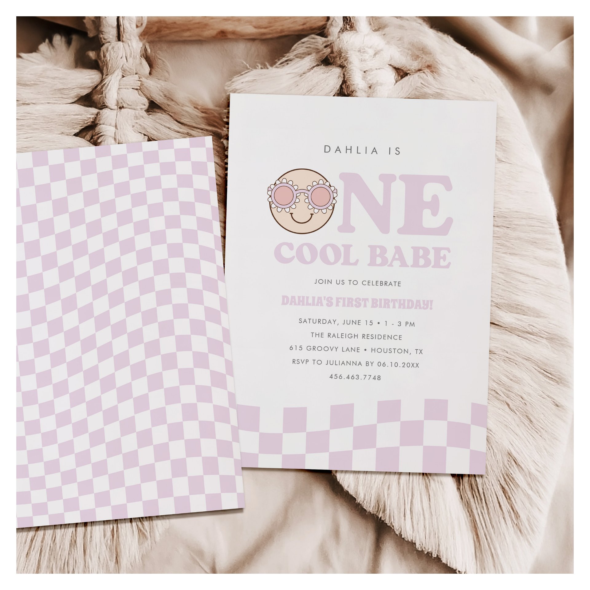 Groovy One Girls Checkered Happy Face 1st Birthday Invitation