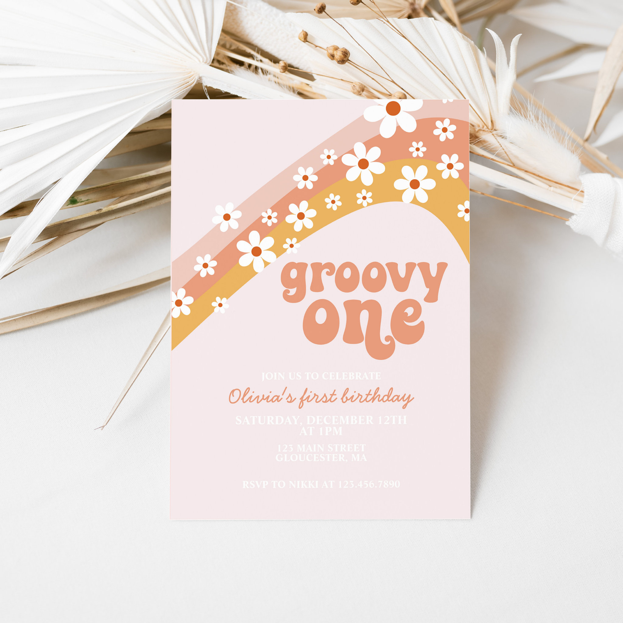 Groovy One Retro daisy boho floral first birthday Invitation