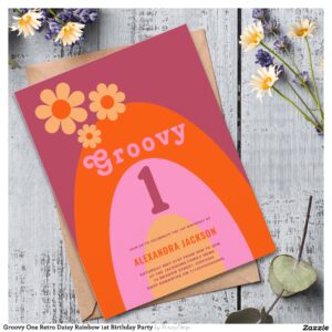 Groovy One Retro Daisy Rainbow 1st Birthday Party Invitation Postcard