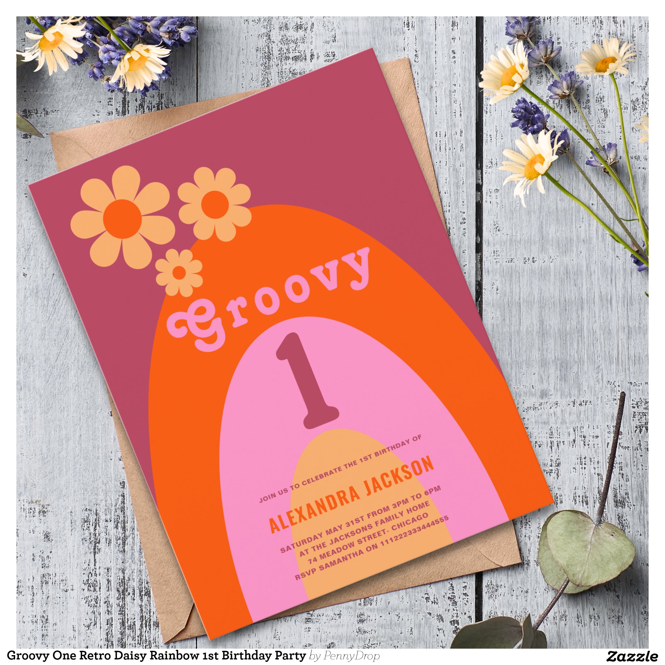Groovy One Retro Daisy Rainbow 1st Birthday Party Invitation Postcard