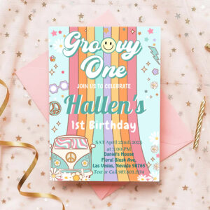 Groovy One Retro Daisy Rainbow First Birthday Invitation
