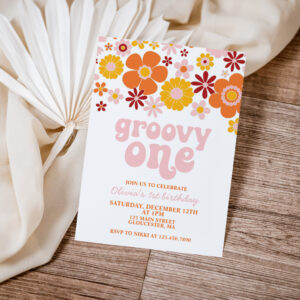 Groovy One Retro Floral 1st Birthday Invitation