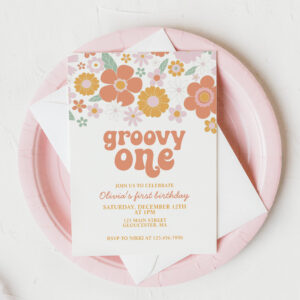 Groovy One Retro Floral first birthday Invitation