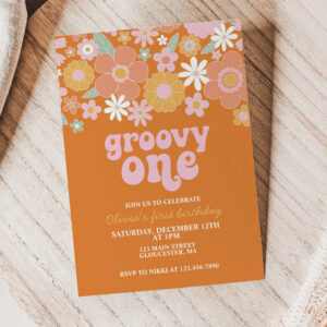 Groovy One Retro Floral first birthday Invitation
