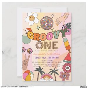 Groovy One Retro Girl 1st Birthday Invitation