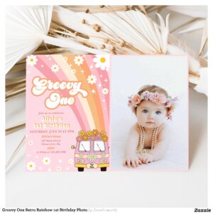 Groovy One Retro Rainbow 1st Birthday Photo Invitation