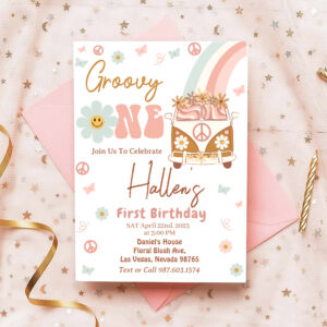 Groovy One Retro Rainbow First Birthday Invitation