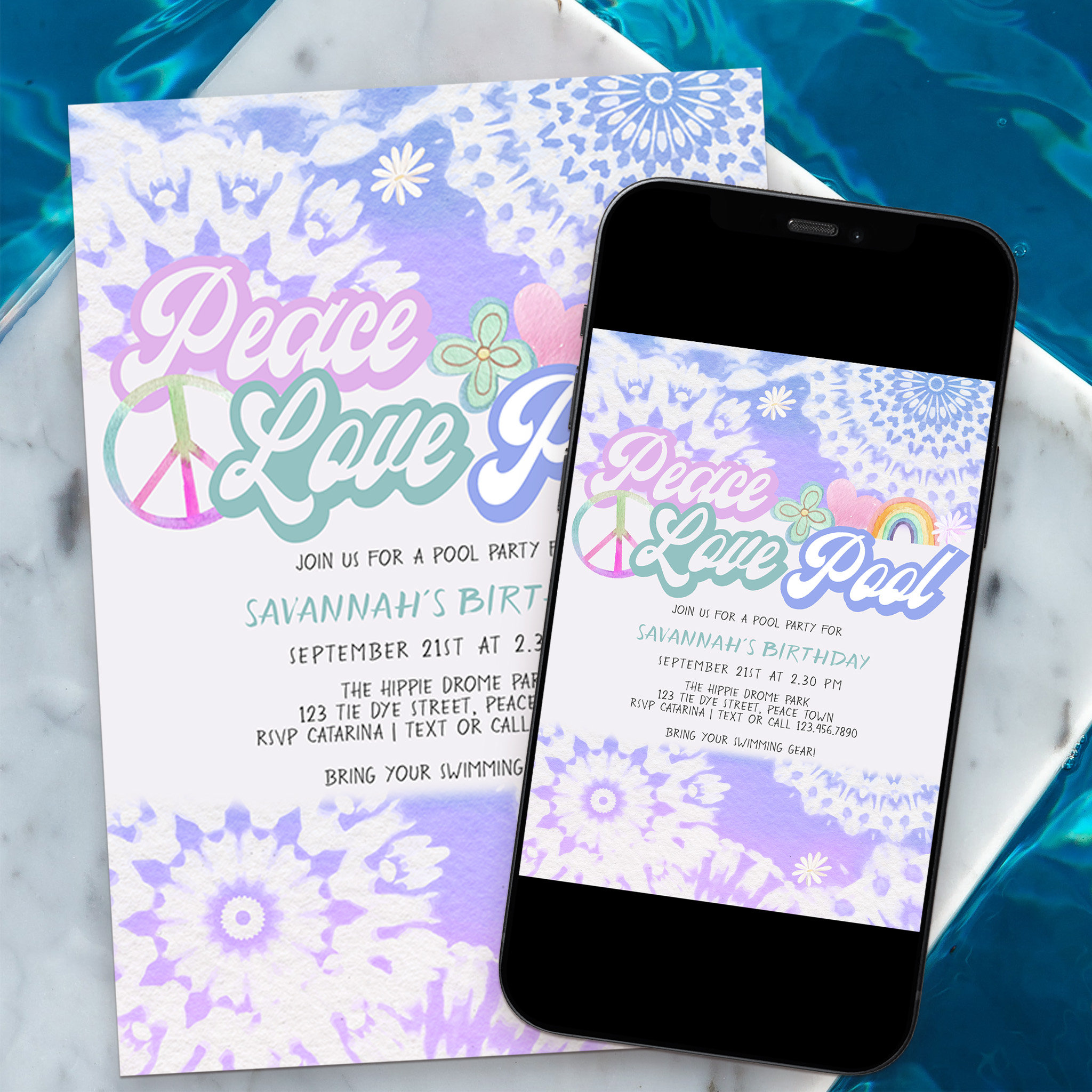 Groovy Pastel Tie Dye Peace Love Pool Party Invitation