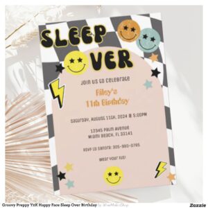 Groovy Preppy Y2K Happy Face Sleep Over Birthday Invitation