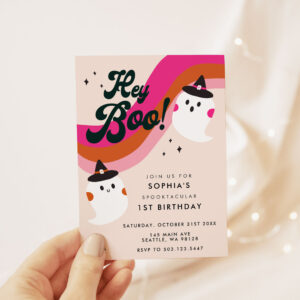 Groovy Retro Cute Ghost Hey Boo 1st Birthday Invitation