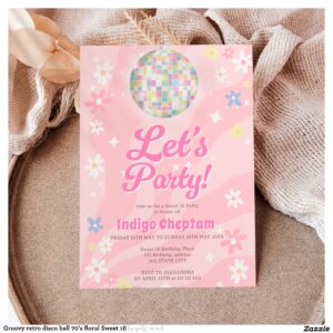 Groovy retro disco ball 70's floral Sweet 16 Invitation