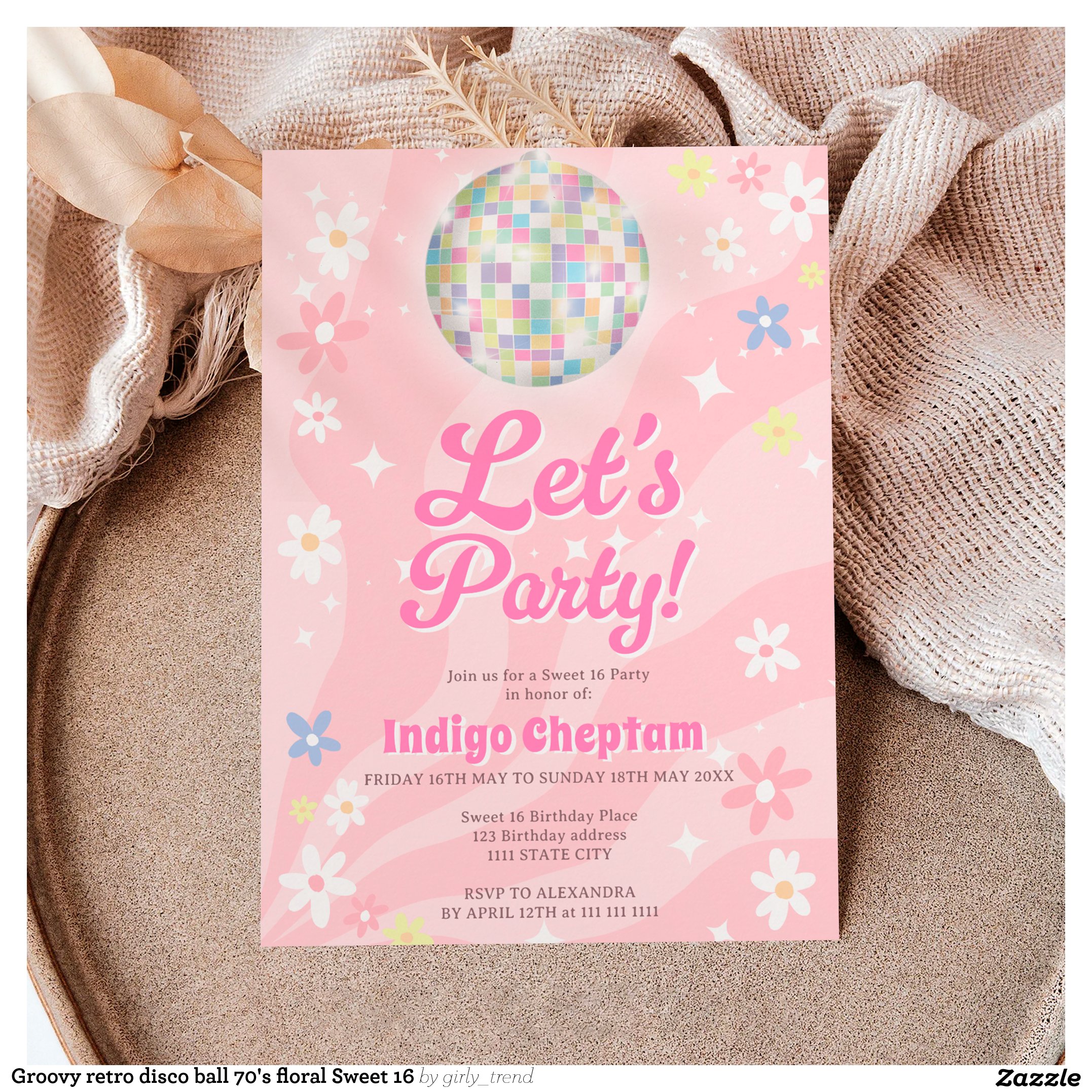 Groovy retro disco ball 70's floral Sweet 16 Invitation