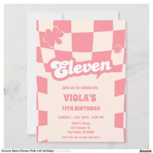 Groovy Retro Eleven Pink 11th birthday Invitation