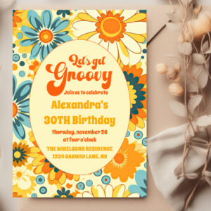 Groovy Retro Hippie Floral Yellow Orange Birthday Invitation