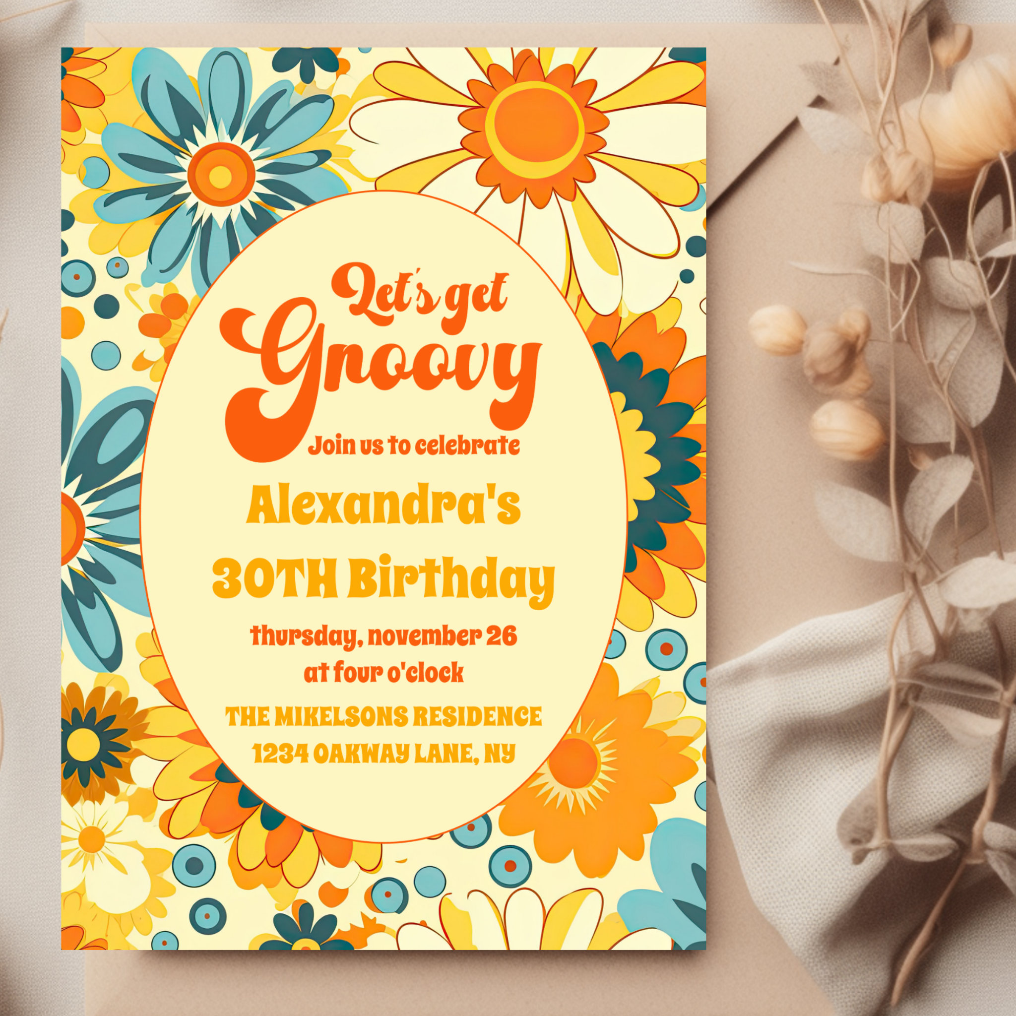 Groovy Retro Hippie Floral Yellow Orange Birthday Invitation