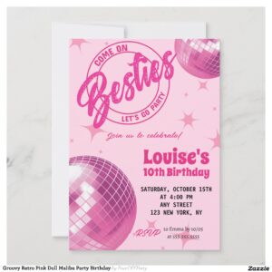 Groovy Retro Pink Doll Malibu Party Birthday Invitation