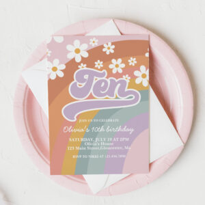 Groovy Retro Rainbow 10th Birthday Invitation