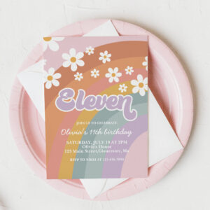 Groovy Retro Rainbow Eleventh Birthday Invitation