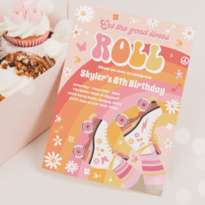 Groovy Retro Rainbow Roller Skating Birthday Party Invitation