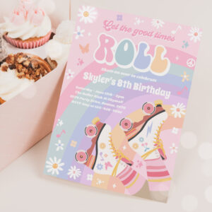 Groovy Retro Rainbow Roller Skating Birthday Party Invitation