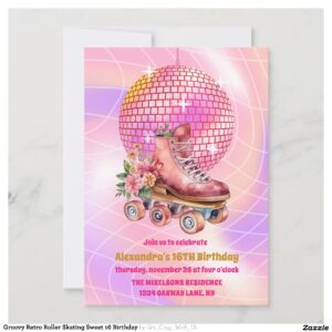 Groovy Retro Roller Skating Sweet 16 Birthday Invitation