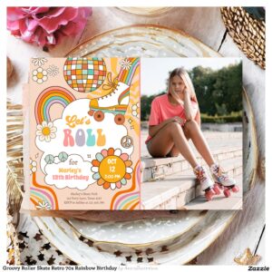 Groovy Roller Skate Retro 70s Rainbow Birthday Invitation
