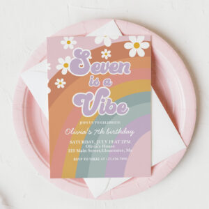 Groovy Seven is a vibe Retro Rainbow 7th Birthday Invitation
