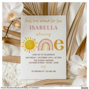 Groovy Sunshine Rainbow Birthday 1st Invitation