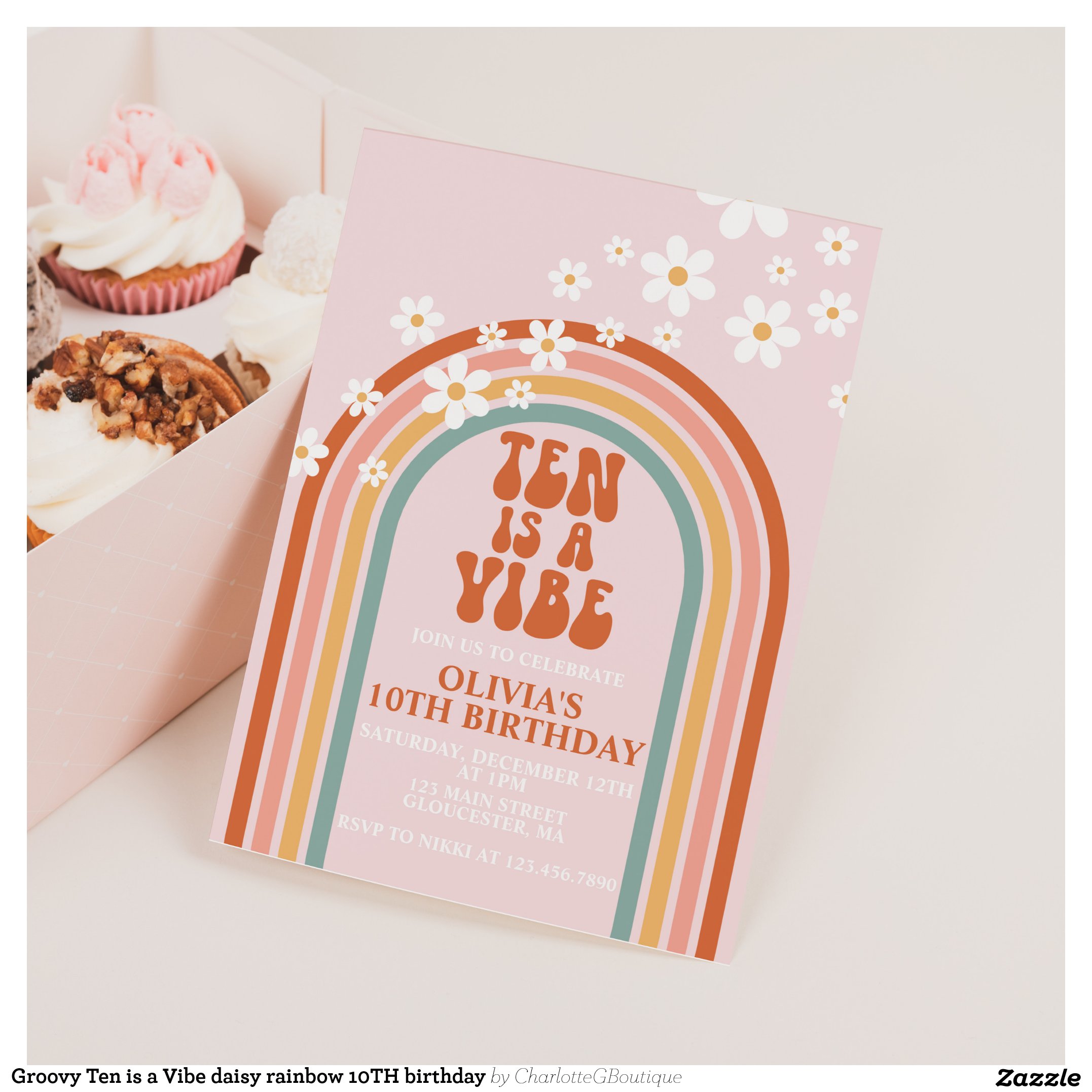 Groovy Ten is a Vibe daisy rainbow 10TH birthday Invitation