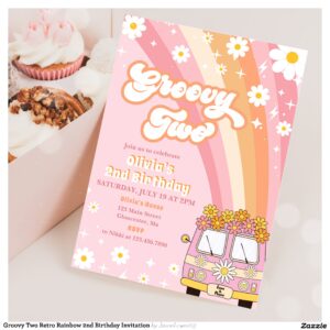 Groovy Two Retro Rainbow 2nd Birthday Invitation