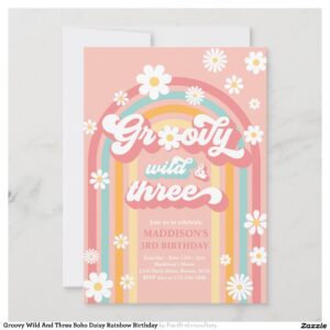 Groovy Wild And Three Boho Daisy Rainbow Birthday Invitation