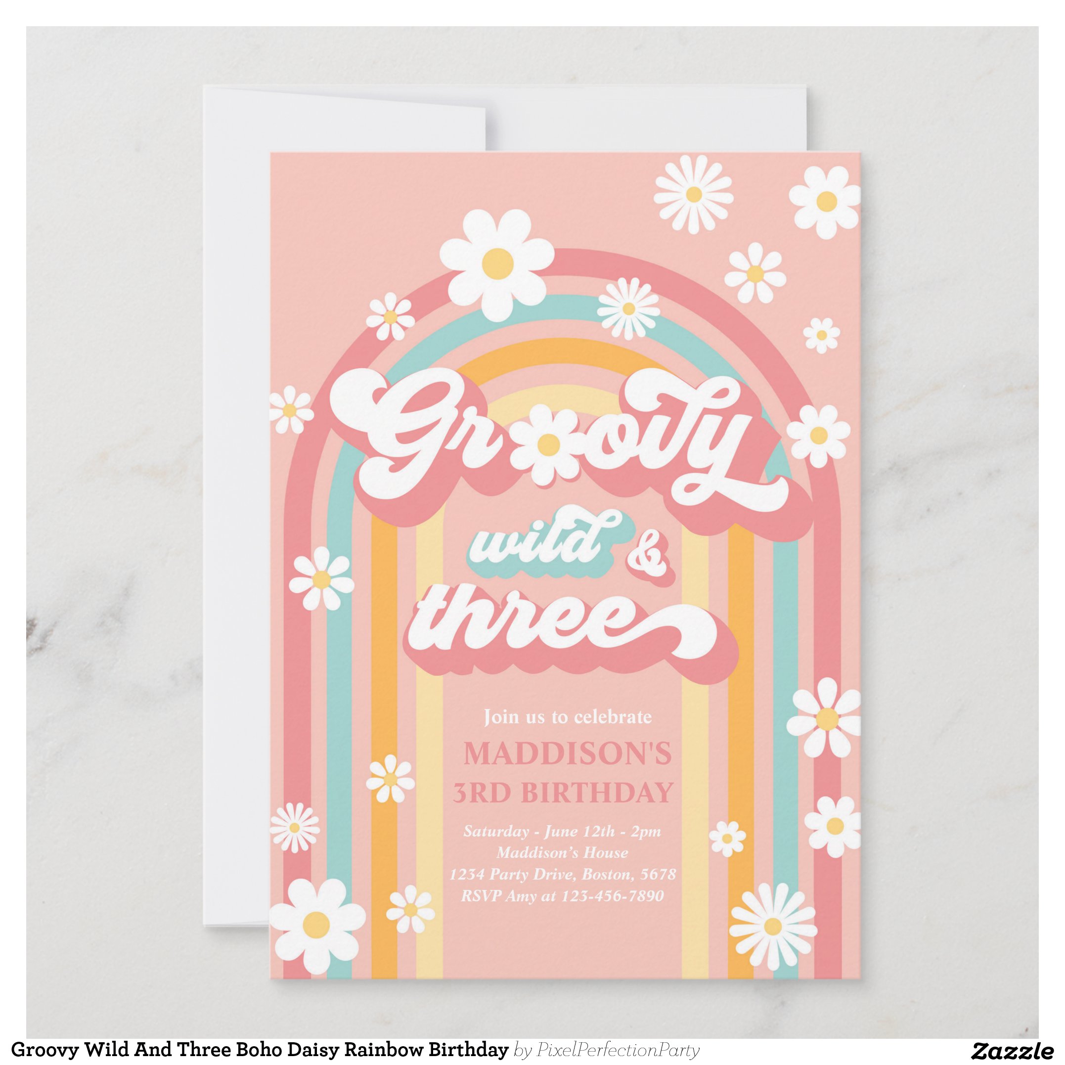 Groovy Wild And Three Boho Daisy Rainbow Birthday Invitation