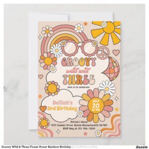 Groovy Wild & Three Flower Power Rainbow Birthday Invitation