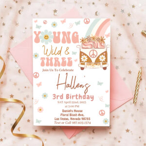 Groovy Young Wild & Three Rainbow 3rd Birthday Invitation
