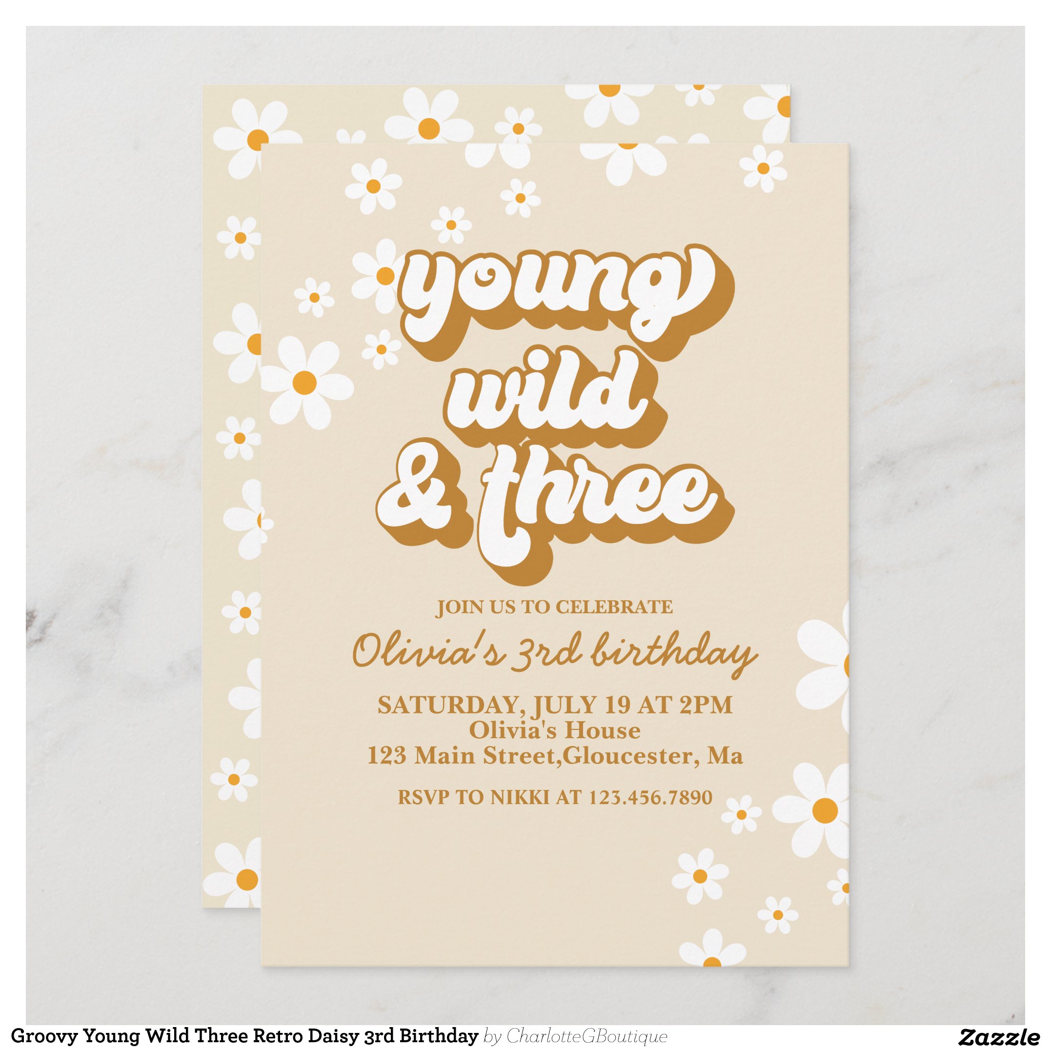 Groovy Young Wild Three Retro Daisy 3rd Birthday Invitation