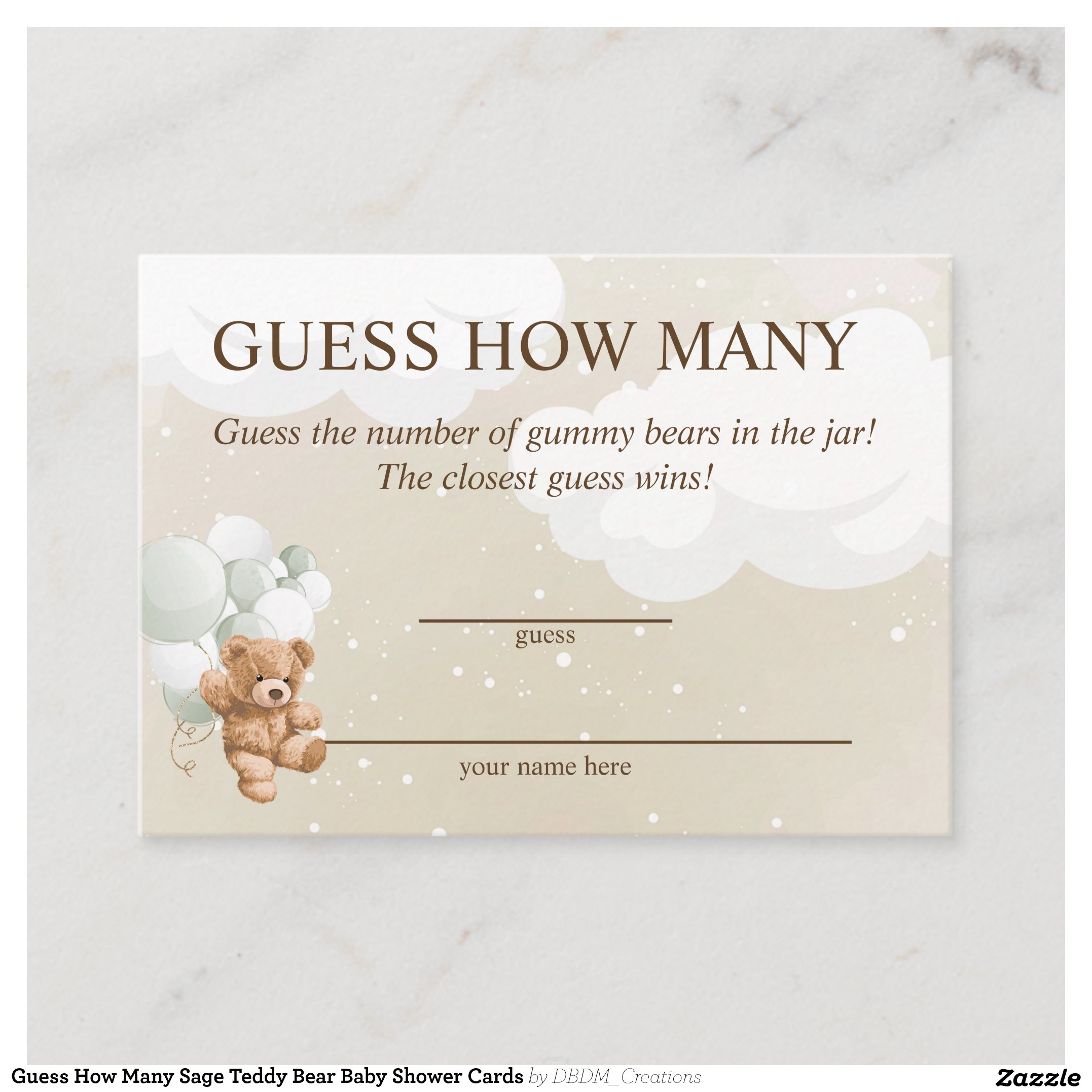 Guess How Many Sage Teddy Bear Baby Shower Cards