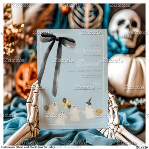 Halloween Ghost and Black Bow Birthday Invitation
