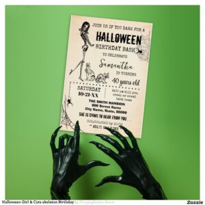 Halloween Girl & Cats skeleton Birthday Invitation