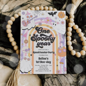 Halloween Groovy Cute Ghost 1st Birthday Party Invitation