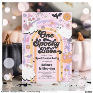 Halloween Groovy Cute Ghost 1st Birthday Party Invitation