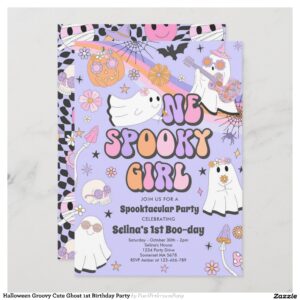 Halloween Groovy Cute Ghost 1st Birthday Party Invitation