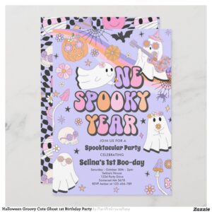 Halloween Groovy Cute Ghost 1st Birthday Party Invitation