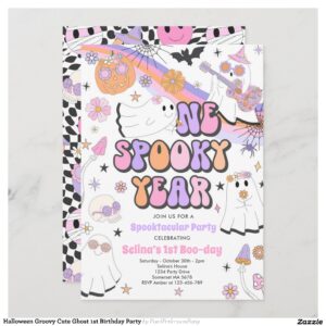 Halloween Groovy Cute Ghost 1st Birthday Party Invitation