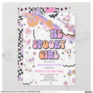 Halloween Groovy Cute Ghost 1st Birthday Party Invitation