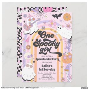 Halloween Groovy Cute Ghost 1st Birthday Party Invitation