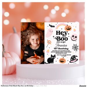 Halloween Pink Black Hey Boo 1st Birthday Invitation