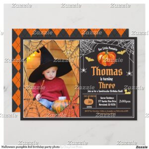 Halloween pumpkin kid birthday party photo invitation