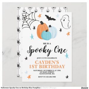 Halloween Spooky One 1st Birthday Blue Pumpkins Invitation